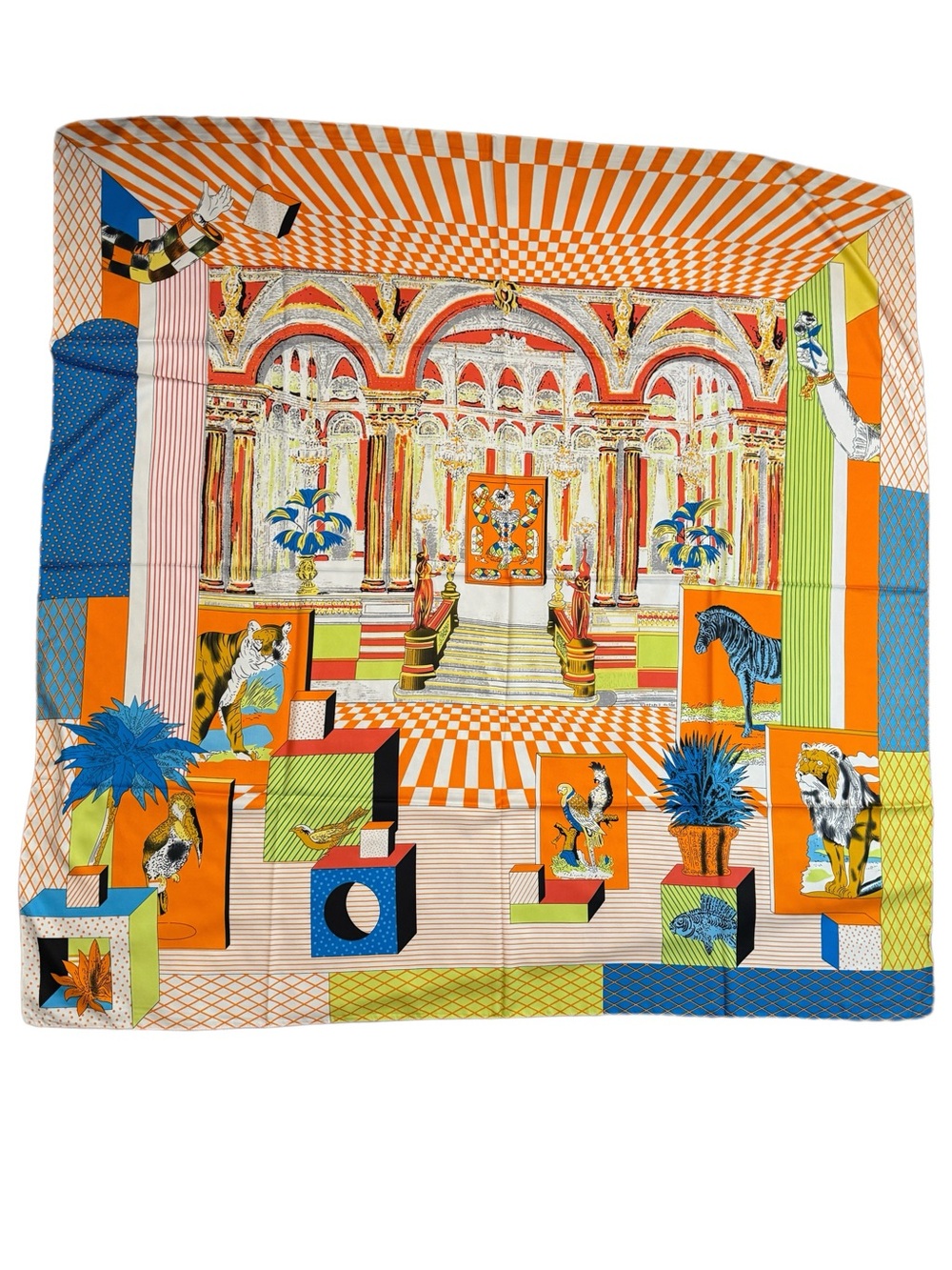 Luxury 140CM Silk Geometric Print Scarf - Yellow, Blue, Orange - New
